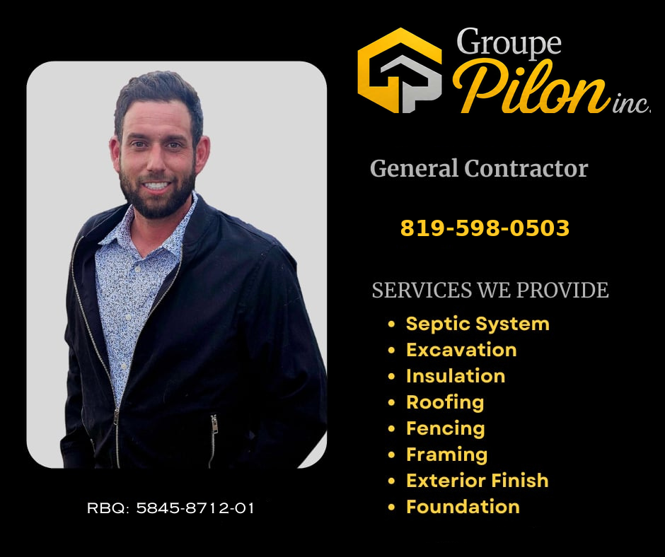Groupe Pilon business card showing the contractor, company name, updated phone number, and service list